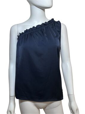 Ramy Brook New York - One-Shoulder Ruffle Neck Satin Top - Navy